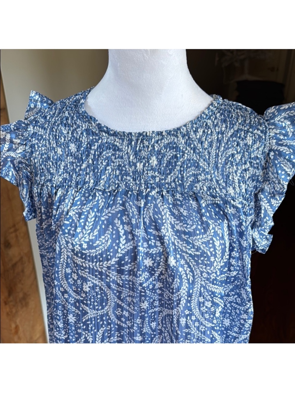 Umgee Blue Floral Smocked Ruffle Sleeve Blouse - Picture 2 of 7